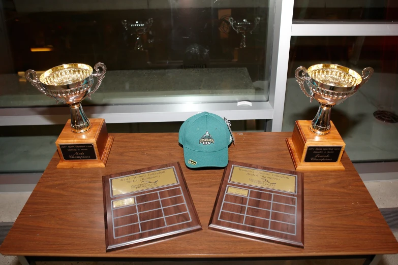 three trophies placed on a desk with pos