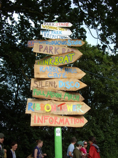 a wooden directional sign with many directions on it