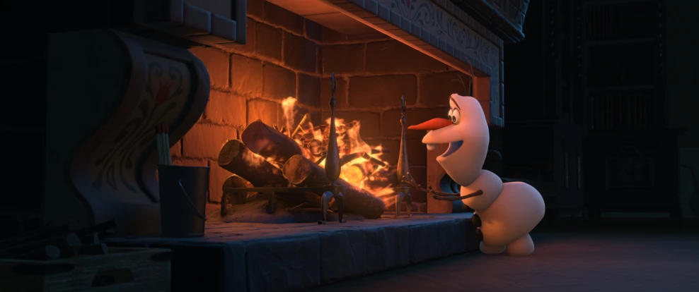 a scene of a fireplace with a cartoon character and fireplace