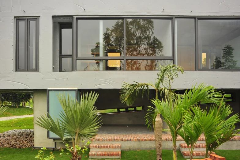 a house with some plants outside the windows