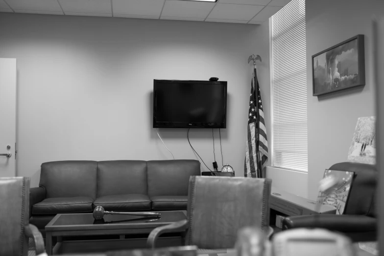 the living room features leather furniture and a flat screen tv