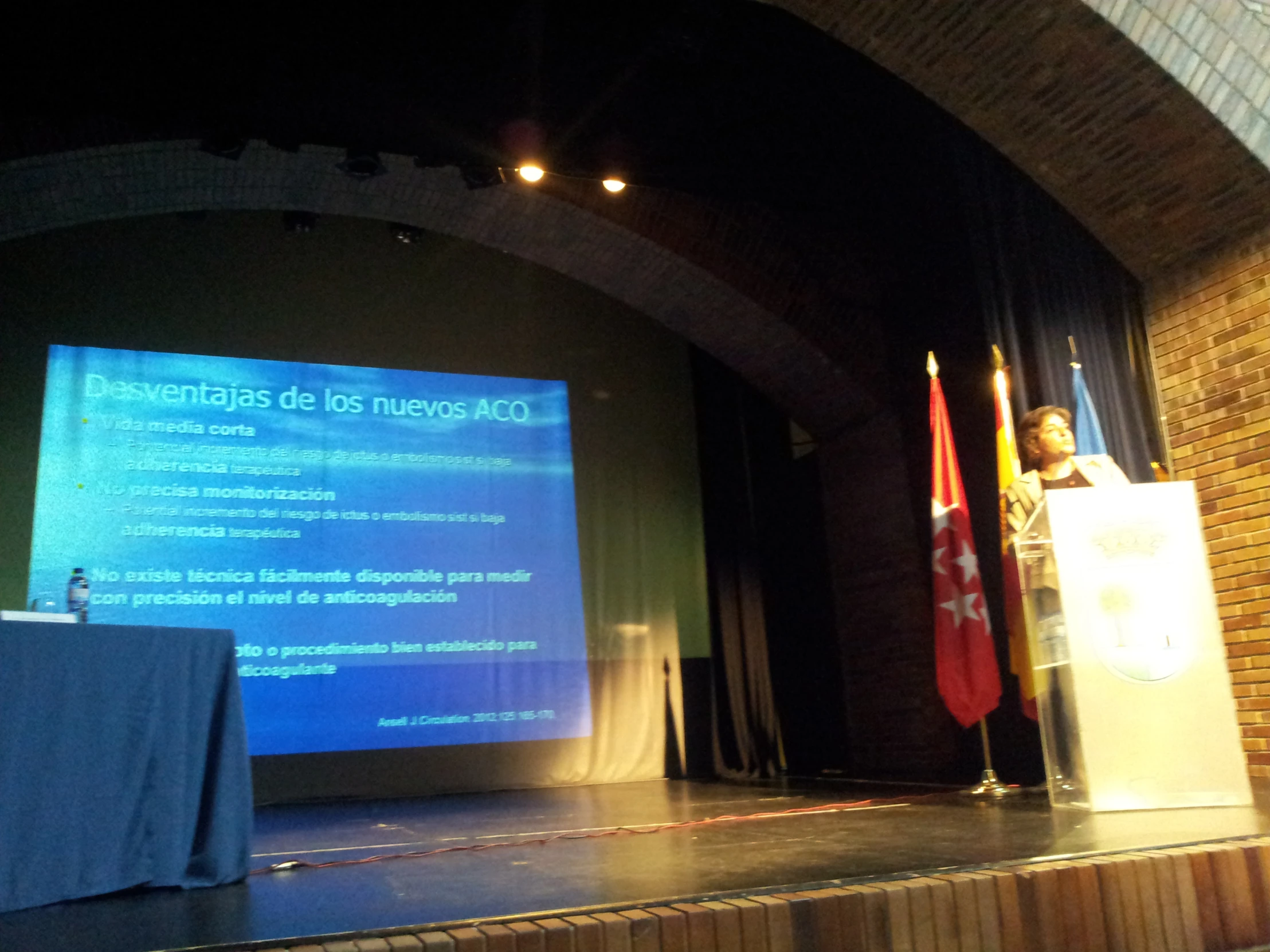 a person standing at a podium on stage with two flags in front of him