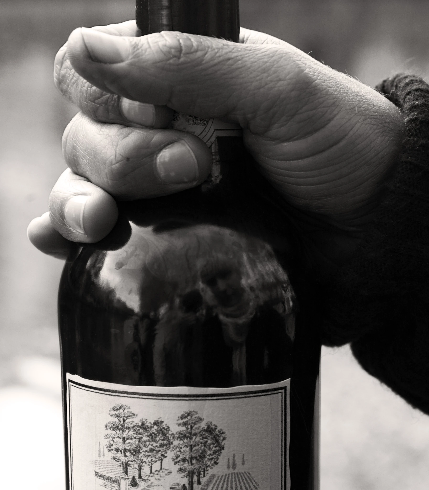 a hand holding onto an unopened bottle of wine