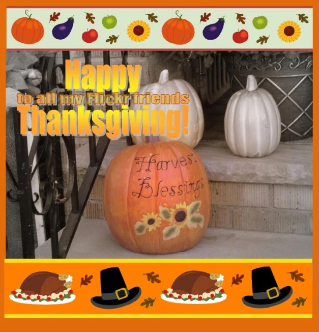 there are pumpkins, hats and decorations on this thanksgiving postcard