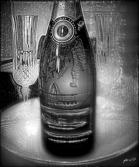 a bottle and glasses sitting on a shelf