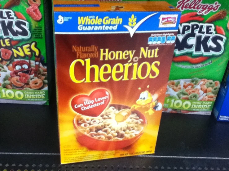 boxes of cereal on a rack at a store