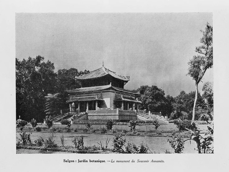 black and white image of a pagoda in the park