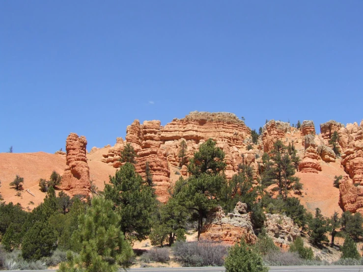 the mountain is rocky, red and tall with some trees