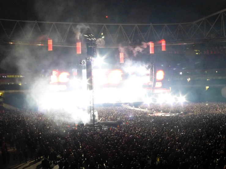 a crowd of people at a stadium watching a concert