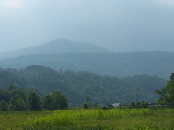 a grassy area with mountains in the background