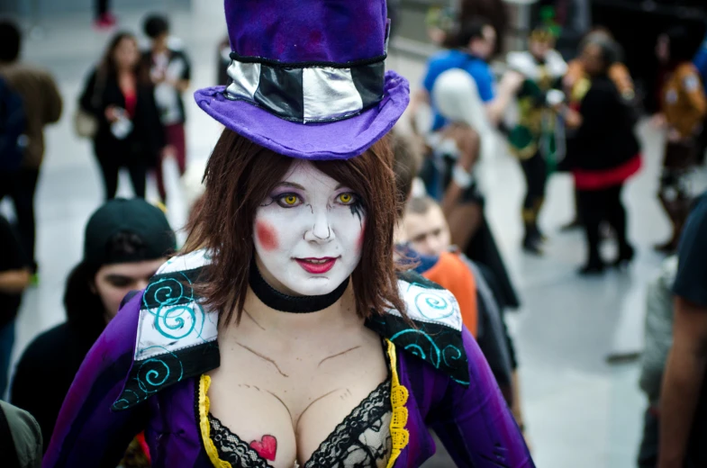 a close up of a person wearing a hat and a costume