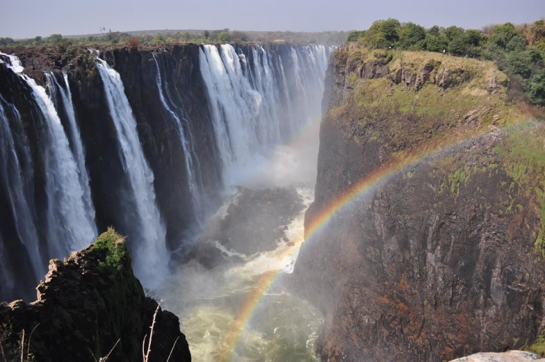 a rainbow above the waterfall at the end of a day