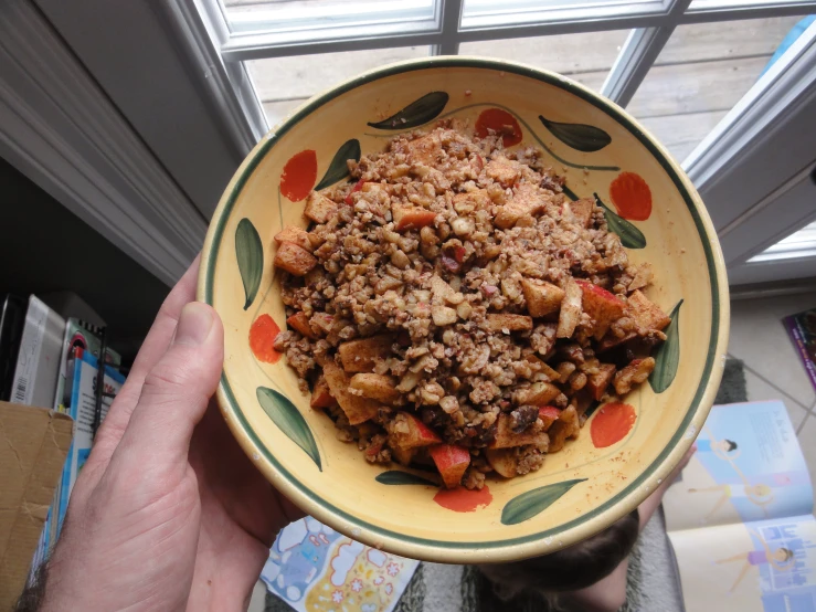 a bowl is filled with different types of food