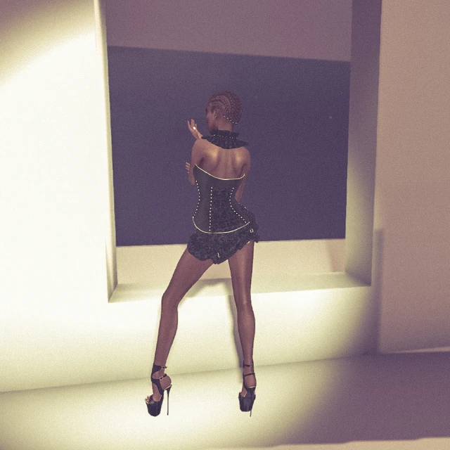a woman in short dress standing on a dark floor