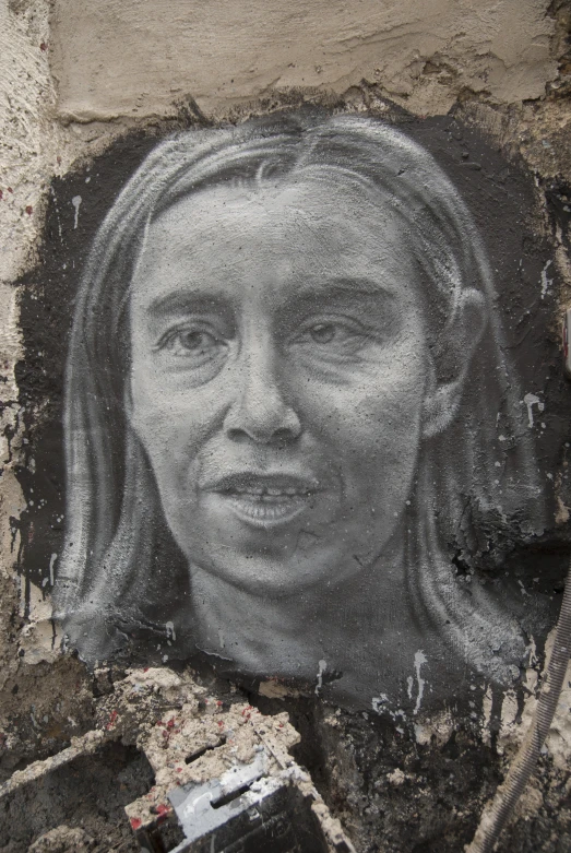 a large chalk drawing of a woman in her old hair