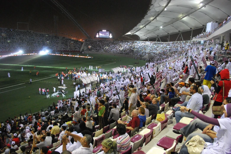 a soccer stadium filled with people on a green field