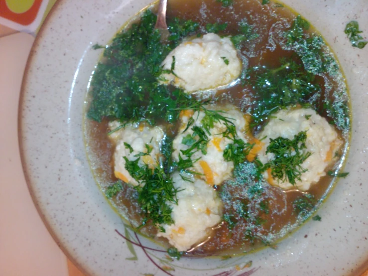 the bowl is filled with soup with some sort of dumplings