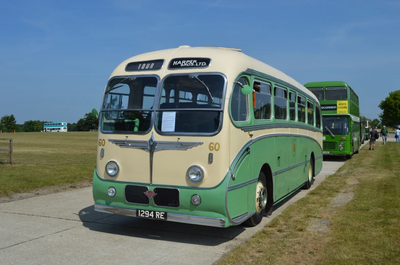 two green and white buses on the side of a road