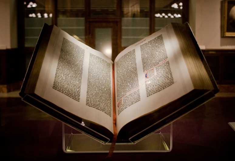 an open book that is on display