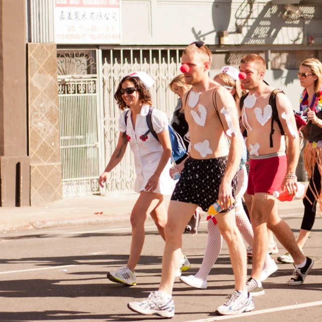 people walking down the street in underwear