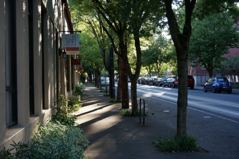 a building with trees lining the sides and sidewalk in front