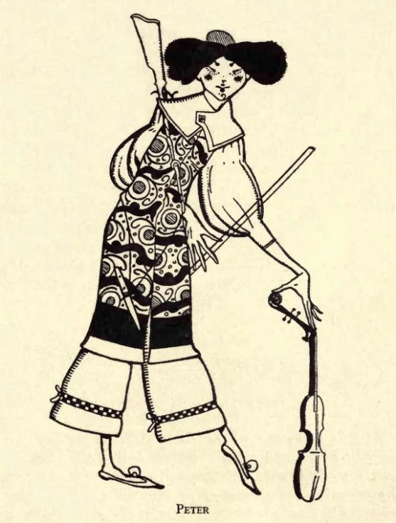 a drawing shows a woman wearing an elaborate hat and holding a toy gun