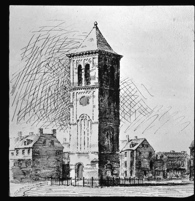 drawing by william burchard showing the spire of the building