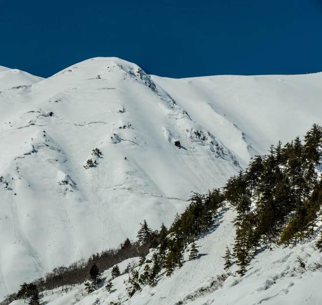 a group of people standing on top of snow covered mountain