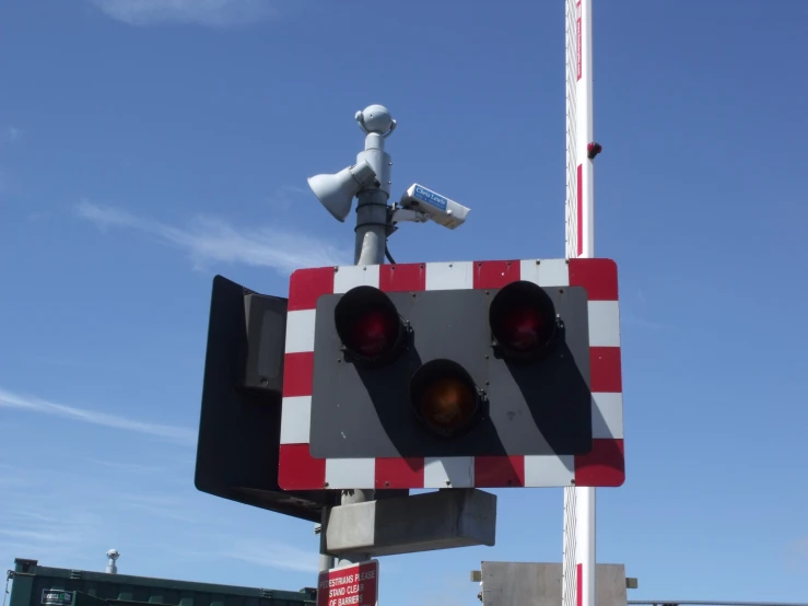 traffic signal with sculpture on top of pole, against blue sky