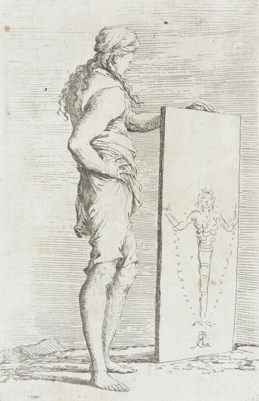a man is standing in front of a large easel