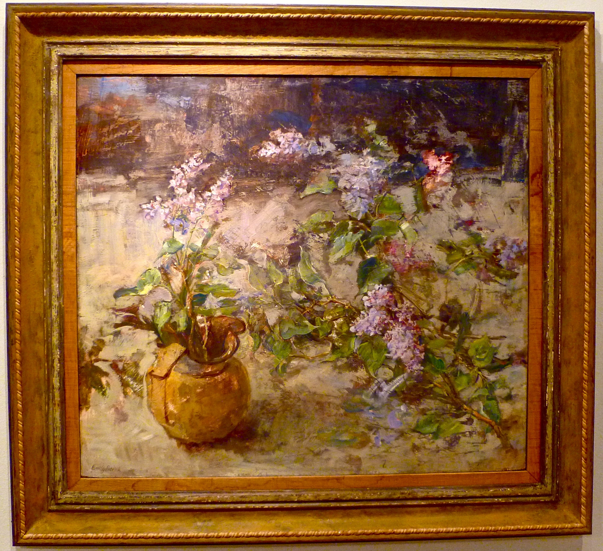 a painting depicting flowers in a vase on a wall