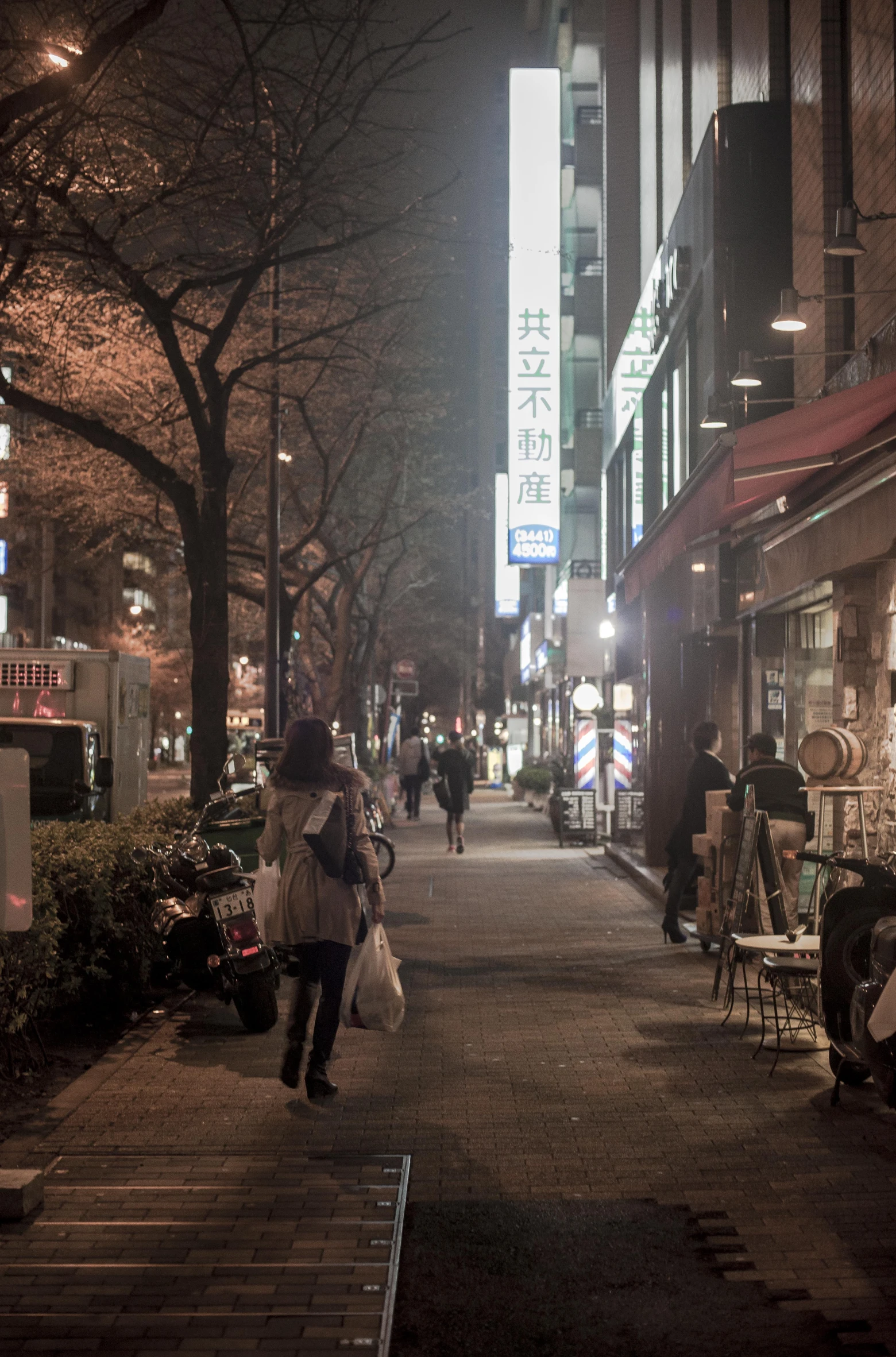 woman with a shopping bag walking down the sidewalk in a city