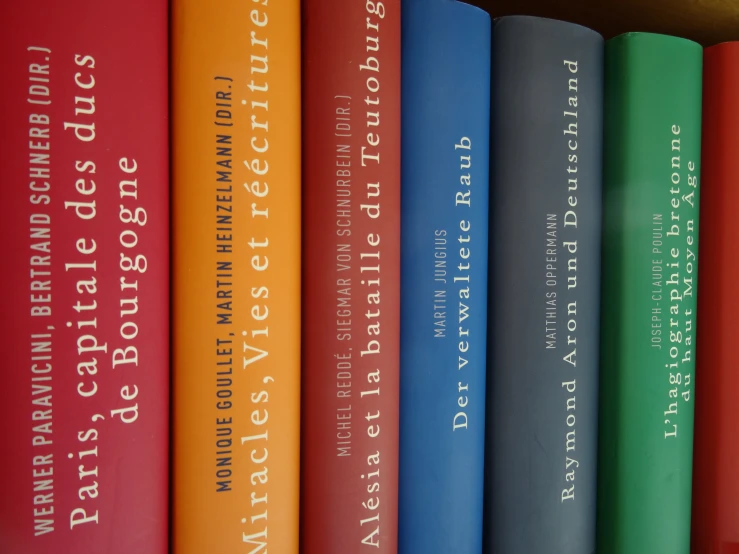 a row of colorful books sit together