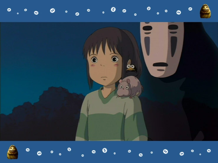 the animated girl with an animal is staring at a demon in front of her