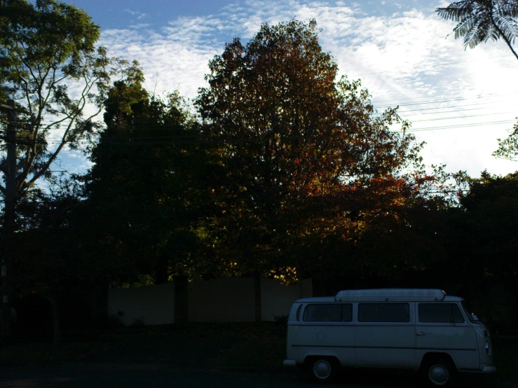 an old white van parked on the street under a tree