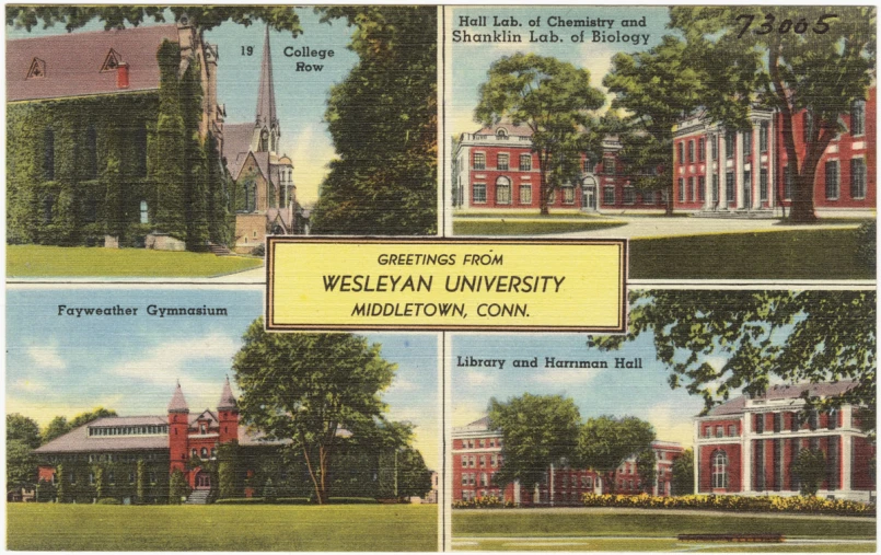 an old postcard shows several different buildings with trees