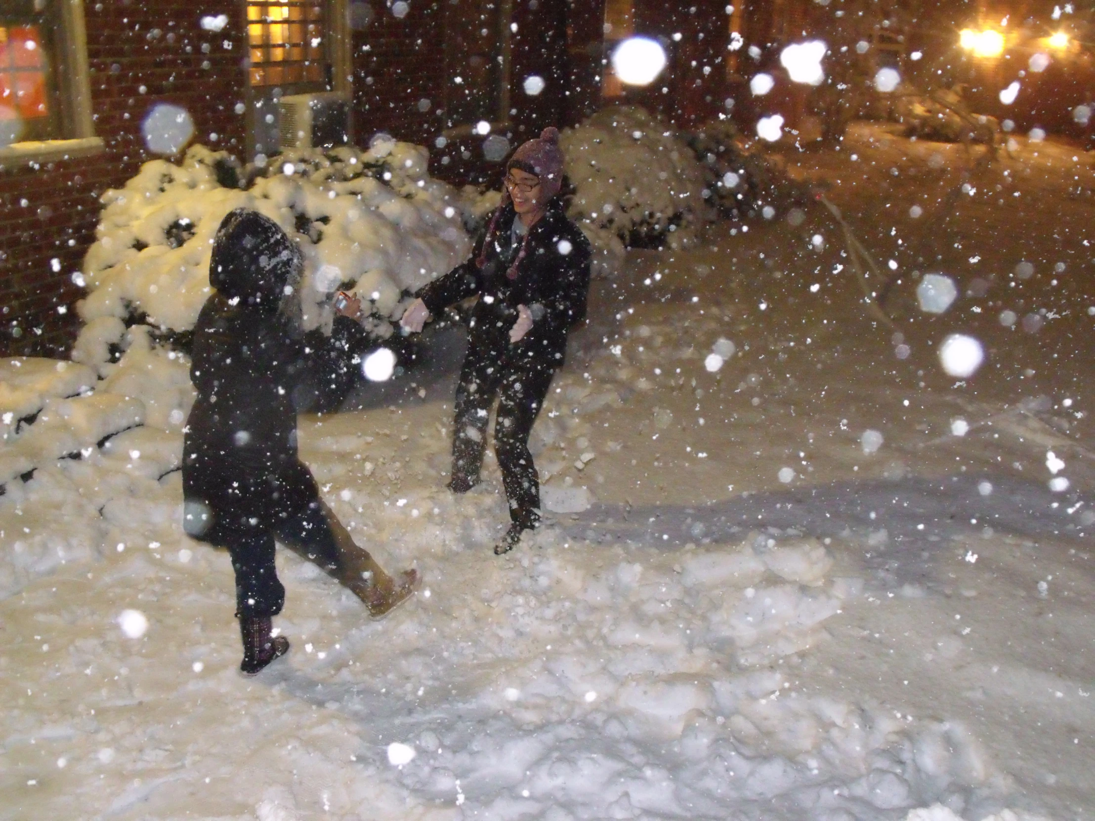 two people are shoveling snow near the sidewalk