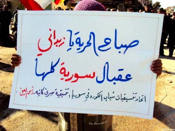 a person holding a protest sign in arabic