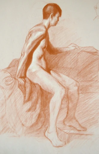 a drawing of a man sitting on a bed