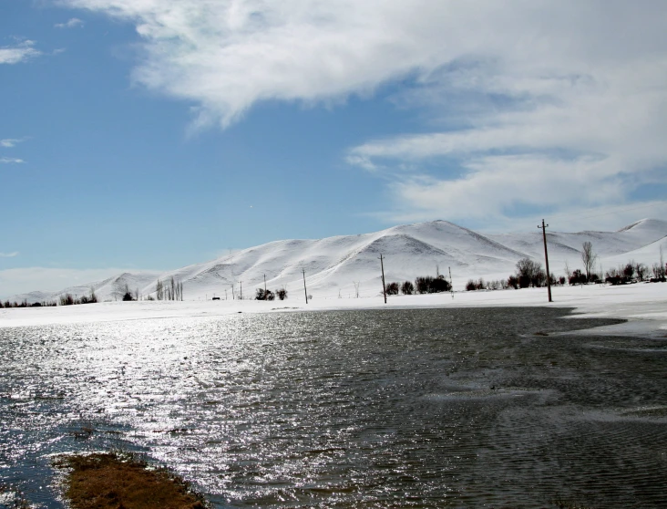 a body of water surrounded by snow covered mountains