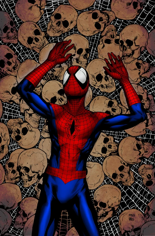 a person wearing a red and blue costume with skulls around