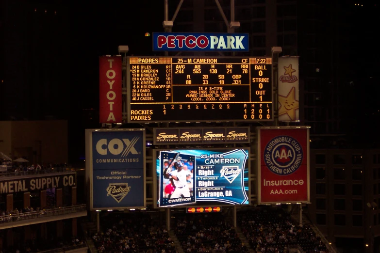 the scoreboard for petco park at night with its numbers and time