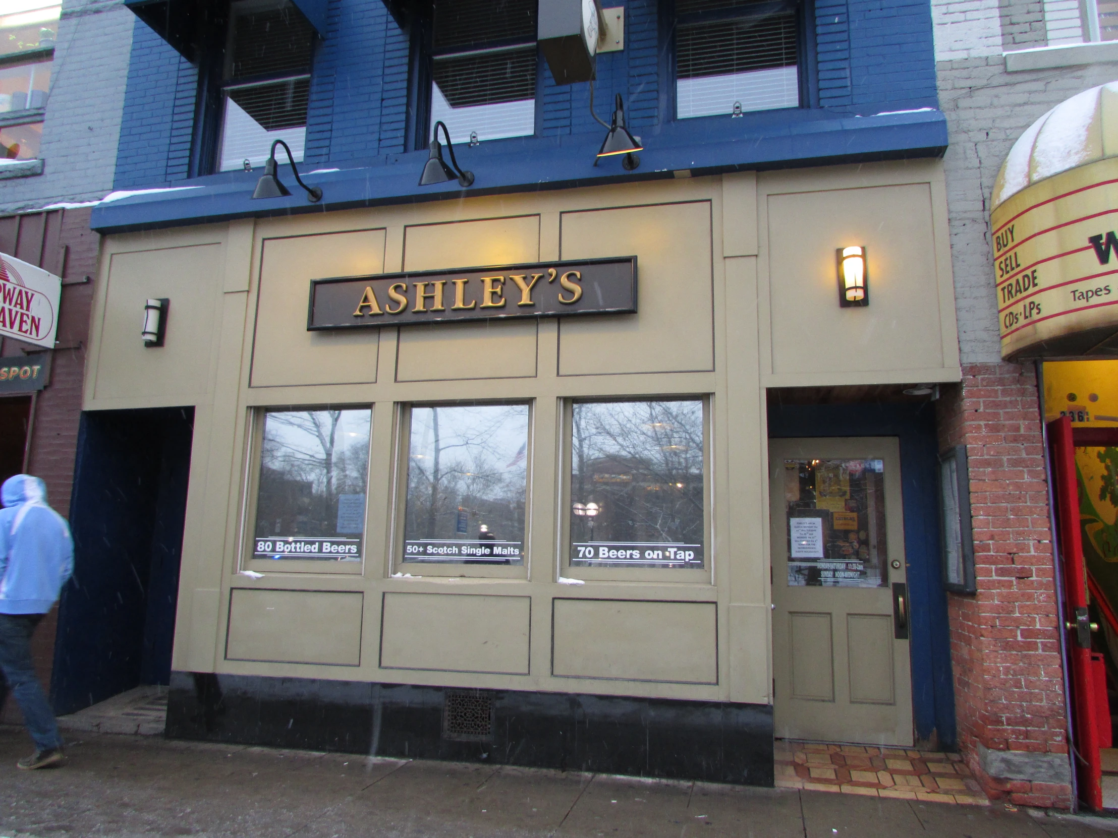 the entrance to a restaurant on a rainy day