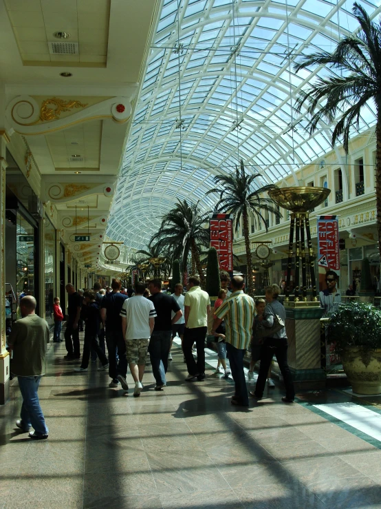 a group of people are walking around in a mall