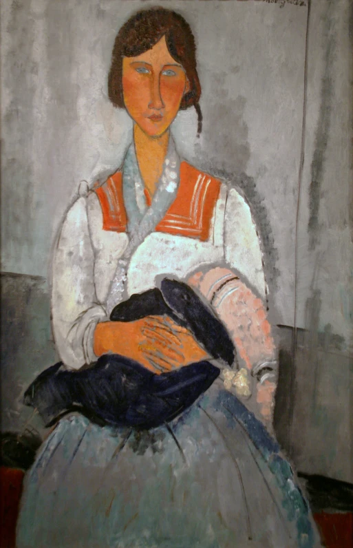 a painting shows a woman in blue and white holding a black bird