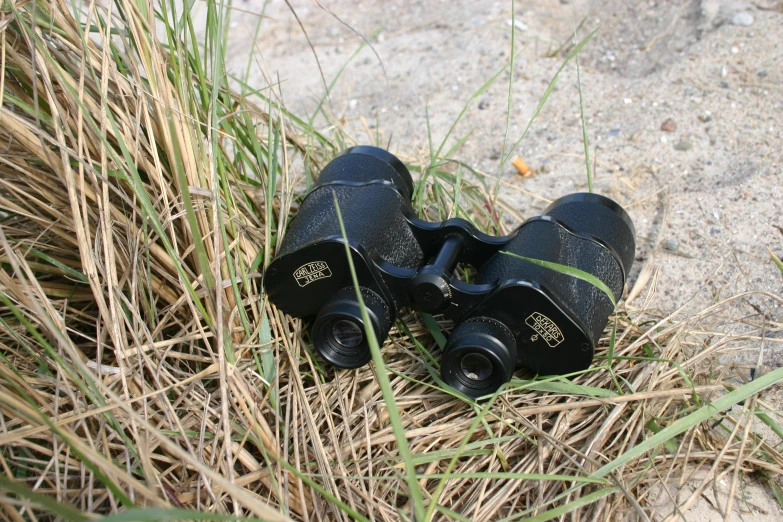 three binoculars are laying on the sand near the grass
