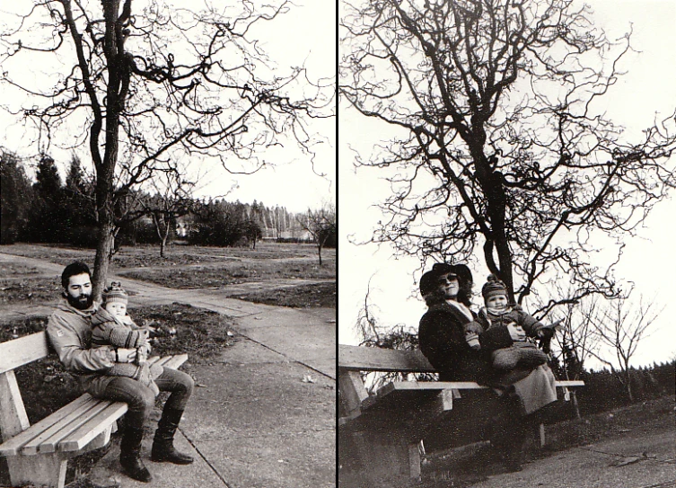 people sitting on two wooden benches near the tree