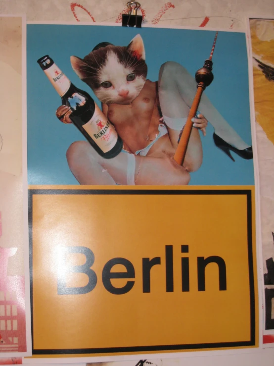 a poster of a  cat sitting next to a bottle