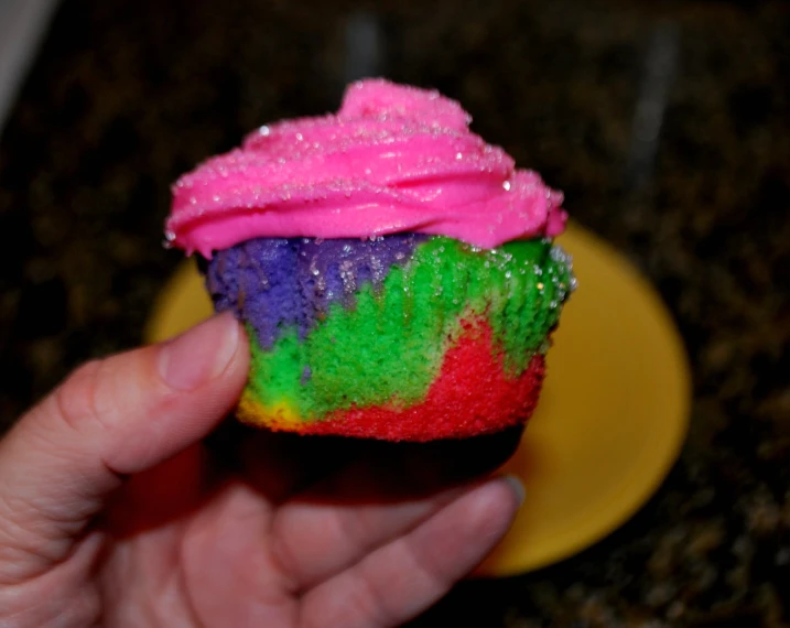 a person holding up a colorful cupcake in their hand