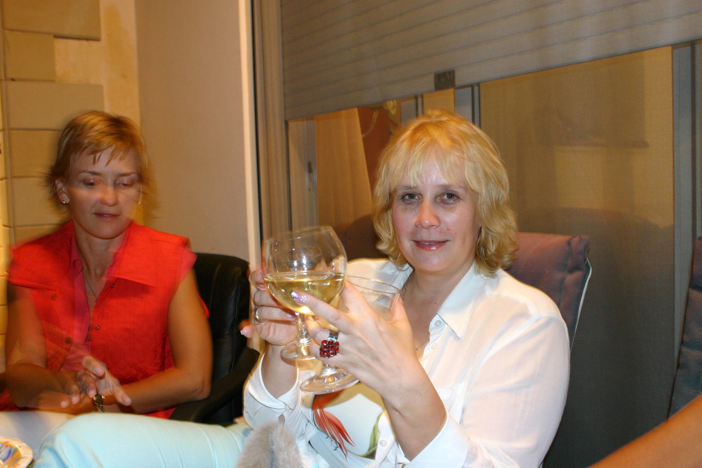 two women sitting together and holding glasses of wine